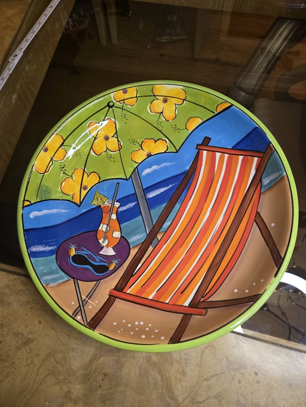 Hand-Painted Beach Scene Chip And Dip Serving Plate Set - Bright Striped Chair
